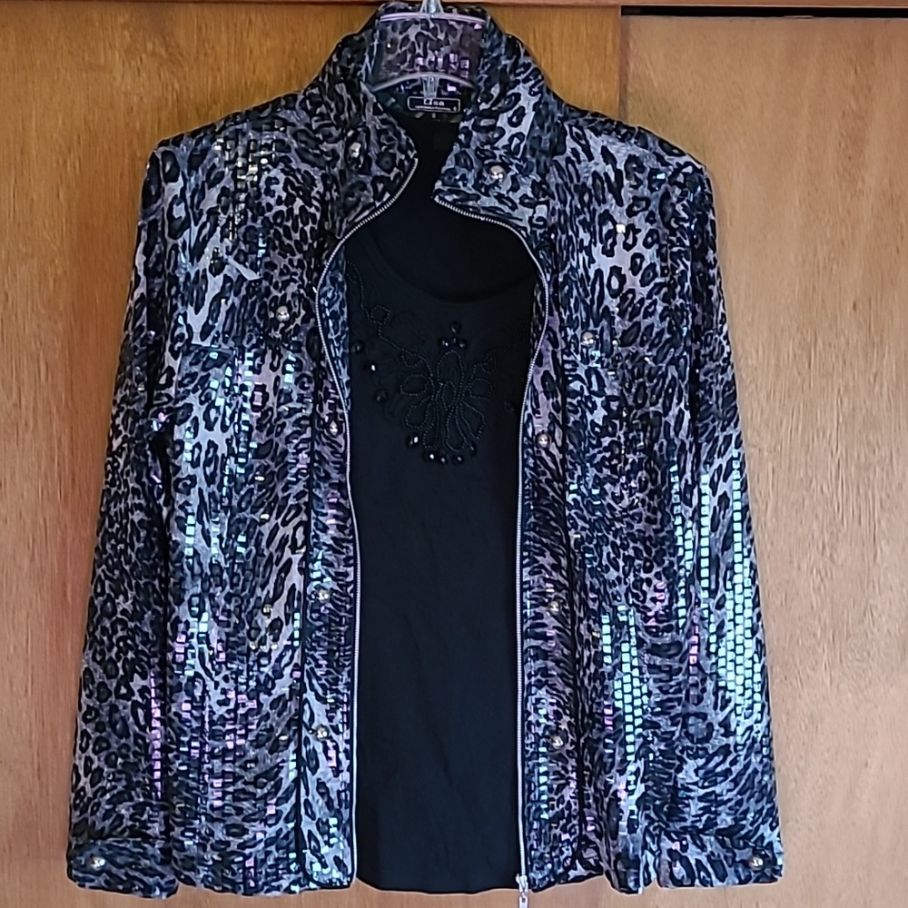 Lisa International Black and Silver Sequin Leopard Jacket